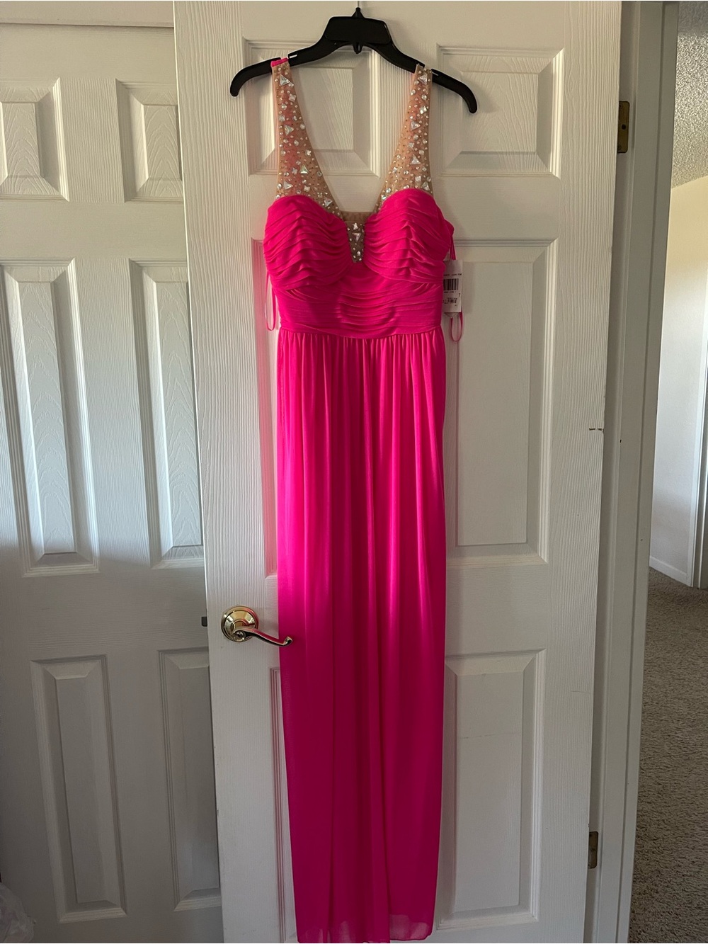 Hot Pink Beaded-Strap Formal Dress